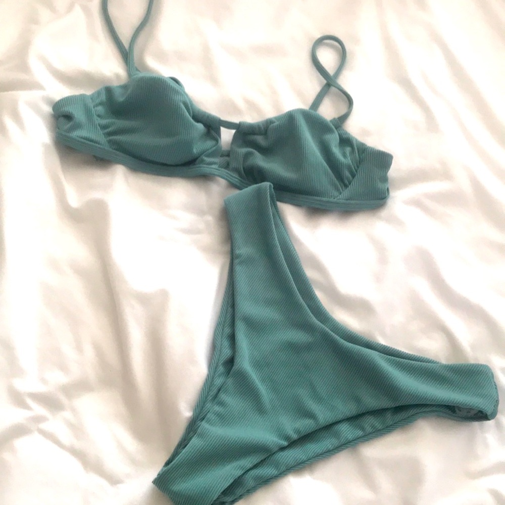 Zaful Teal Ribbed Bikini Set